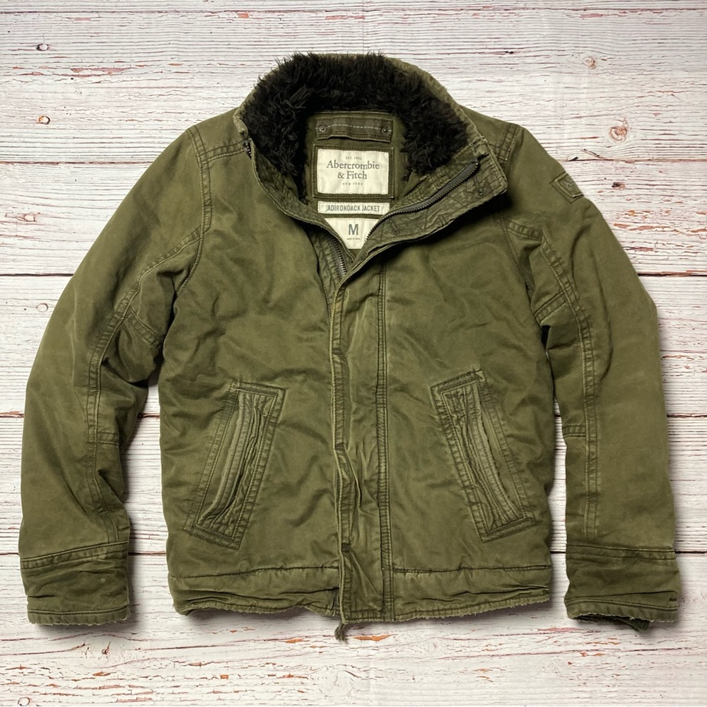Abercrombie & Fitch Olive Green Men's Jacket with Faux Fur Collar